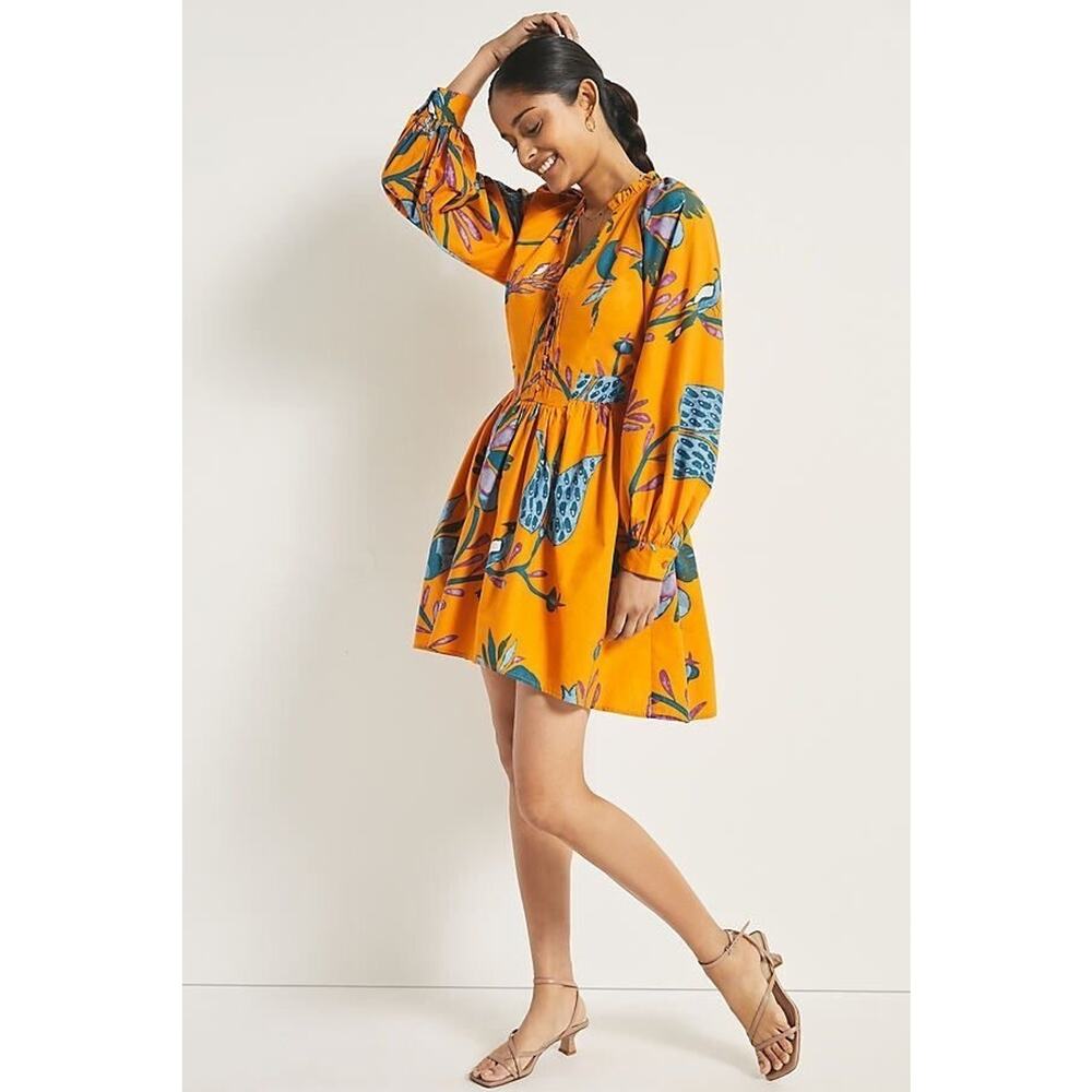 Anthropologie Let Me Be Cotton Orange Green Floral Mini Dress NWT XS - Picture 2 of 15